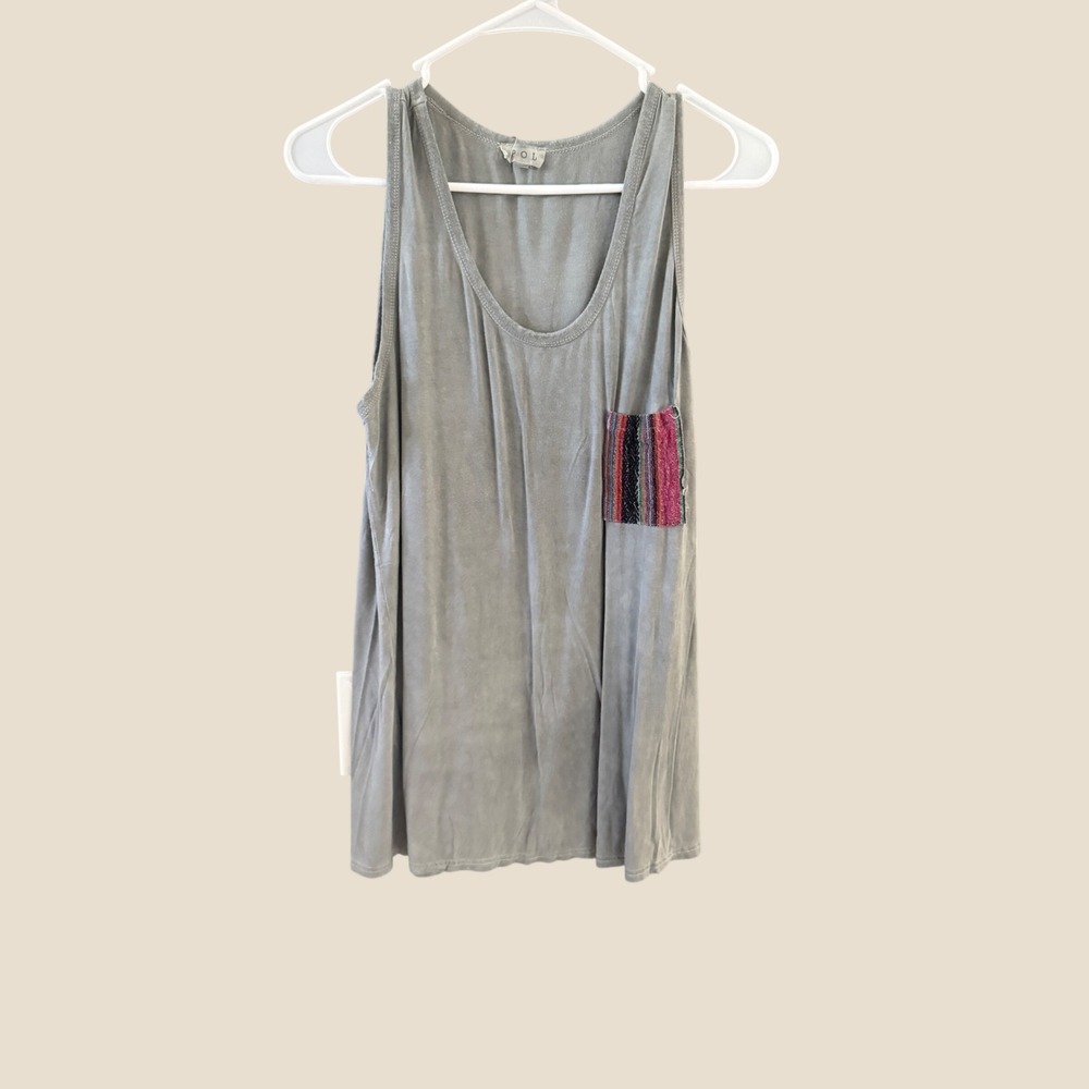 POL‎ Womens Gray Mineral Wash Tank Top Woven Pocket Boho Relaxed Large